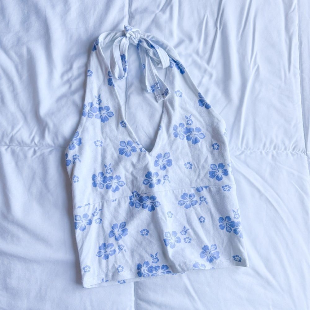 Hollister Blue and White Hawaiian Floral Halter Top